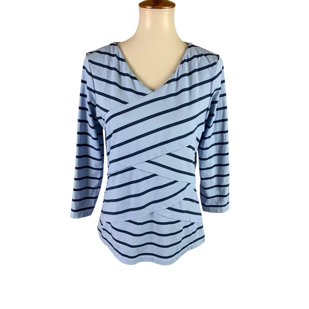 J McLaughlin L Blue Stripe Wrap Top Coastal Preppy Nautical Quiet Luxury